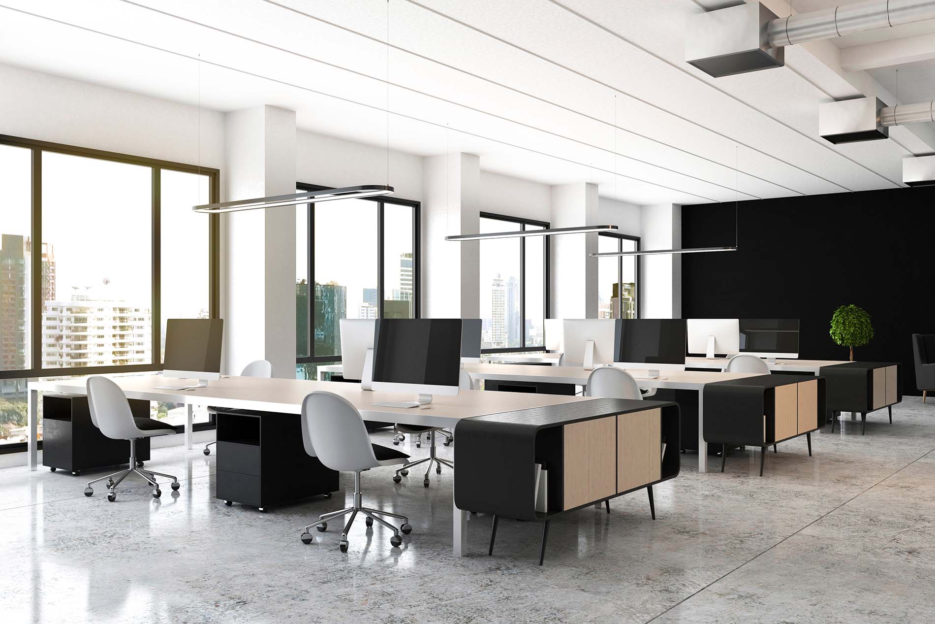 Open Space Office With Modern Wooden Furniture